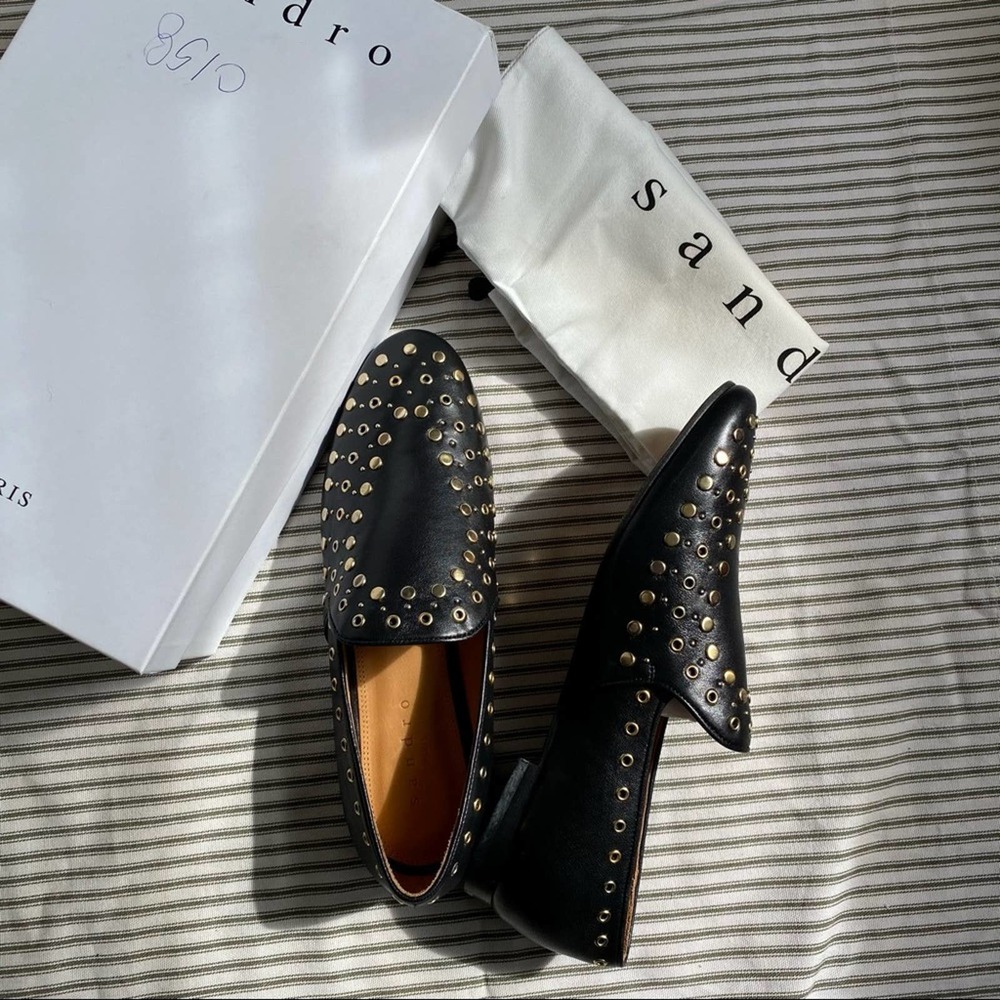 Sandro Studded Bary Leather Black Loafers Size 38 - Picture 3 of 8